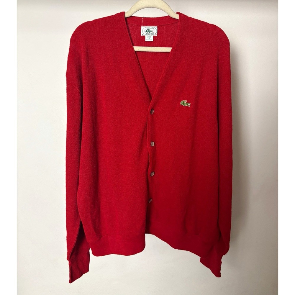 Vintage 1980s Izod Lacoste Mens XL Red Acrylic Knit V-Neck Cardigan RN 21008